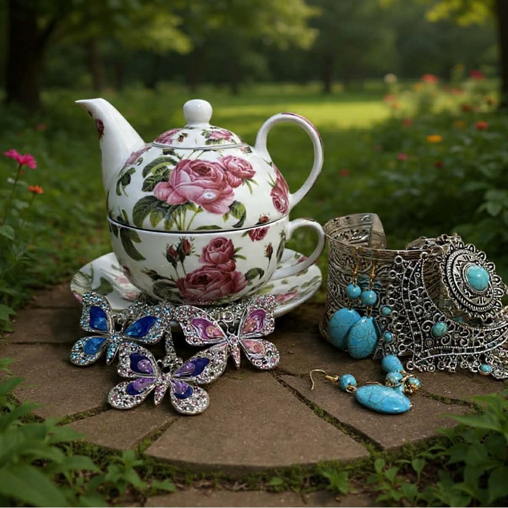 Mystery Jewelry Jar  Tea Set  90Pieces Blue Silver Tone Jewelry Boho Vintage NEW